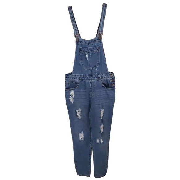 Forever 21 ~Woman Size 27 (4)~ Blue Denim Jeans Bib Overalls Cotton, Distressed. - Picture 5 of 11